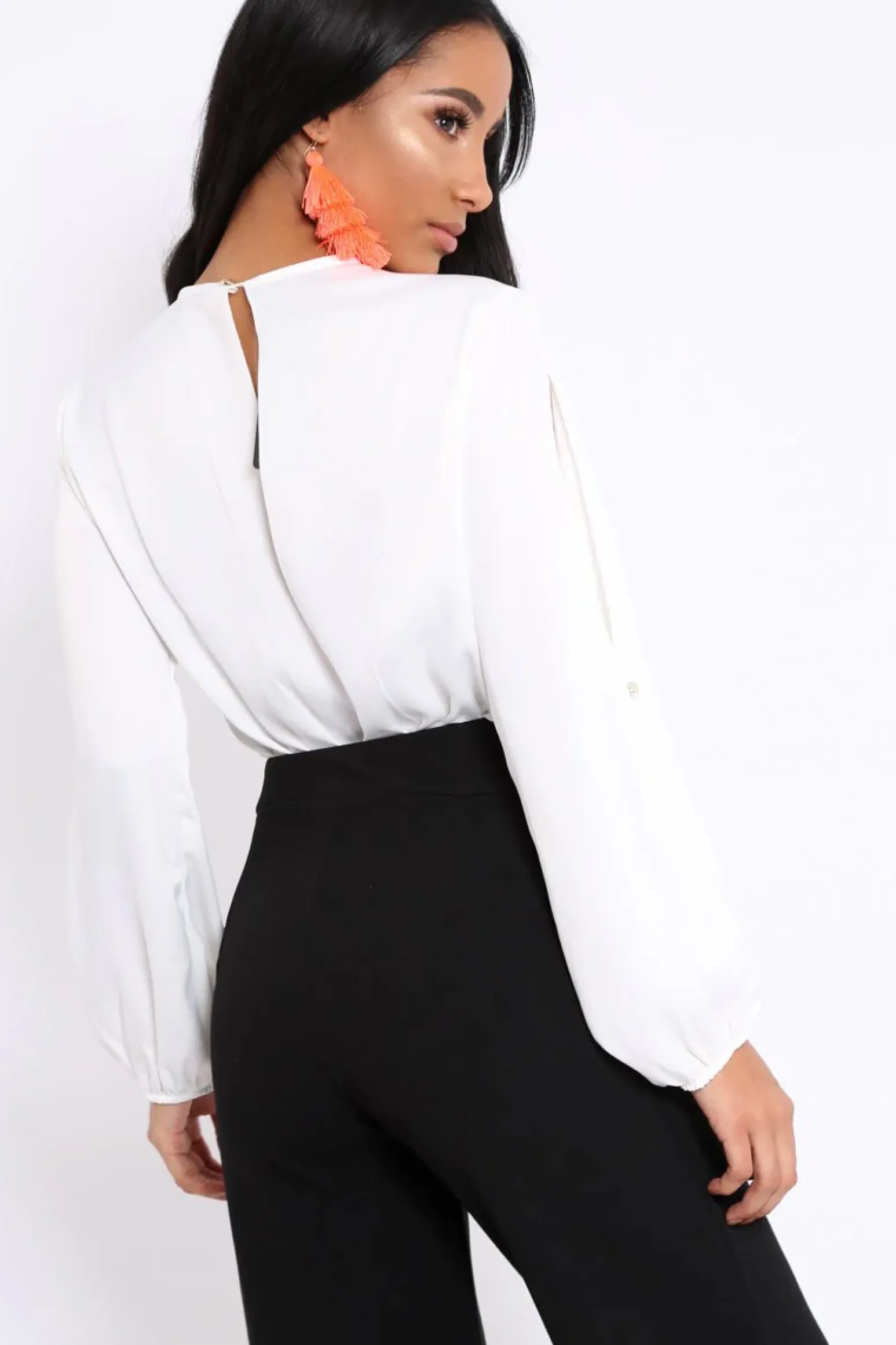 Rebellious Fashion White Plunge Satin Bodysuit with Split Sleeves - Pema