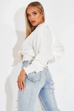 Rebellious Fashion White Plunge Shirred Waist Top - Ciera