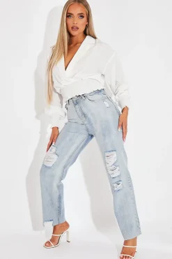 Rebellious Fashion White Plunge Shirred Waist Top - Ciera