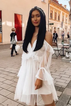 Rebellious Fashion White Plunge Tulle Ruffle Cross Back Dress - Aerial
