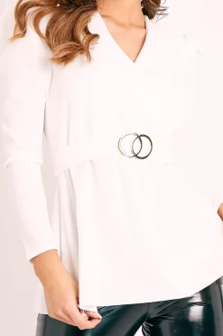 Rebellious Fashion White Plunging Double Circle Belt Puff Shoulder Blouse - Catia