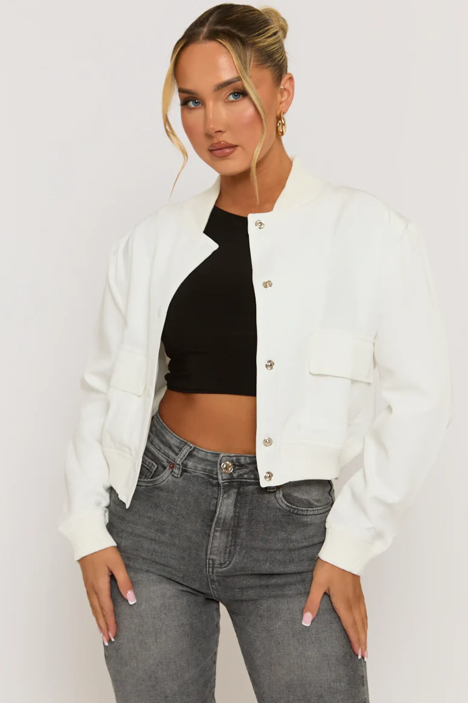 Rebellious Fashion White Pocket Detail Bomber Jacket - Estelle