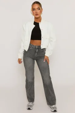 Rebellious Fashion White Pocket Detail Bomber Jacket - Estelle