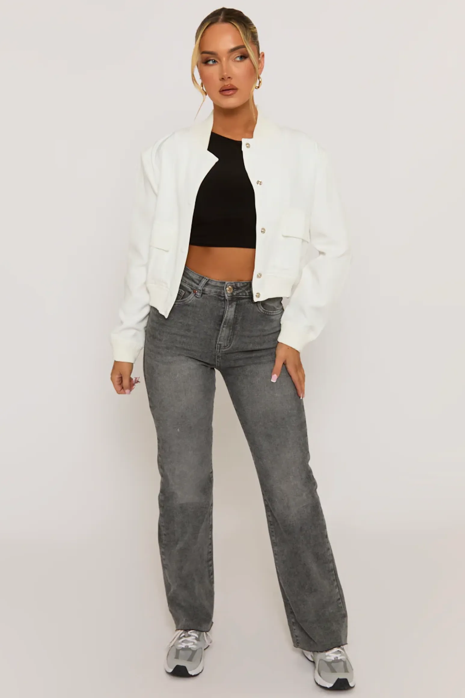 Rebellious Fashion White Pocket Detail Bomber Jacket - Estelle