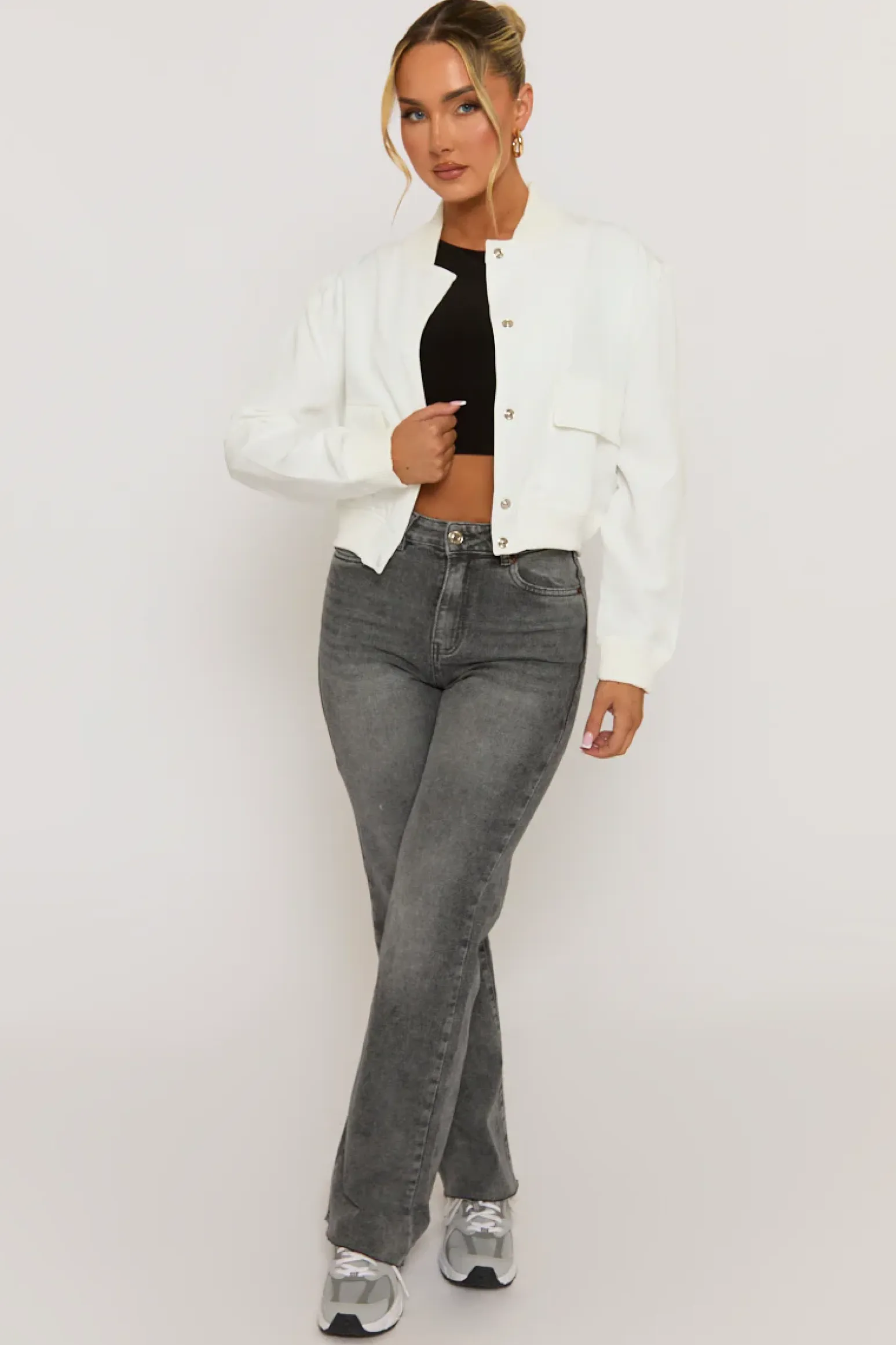 Rebellious Fashion White Pocket Detail Bomber Jacket - Estelle