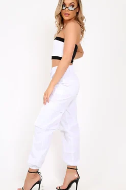 Rebellious Fashion White Pocket High Waist Cargo Cuffed Trousers - Galya