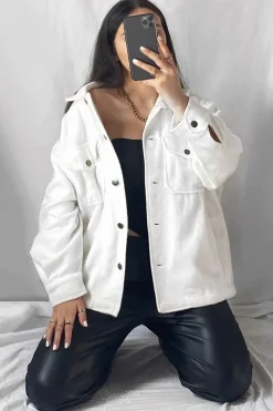 Rebellious Fashion White Pocket Oversized Brushed Shacket - Caley