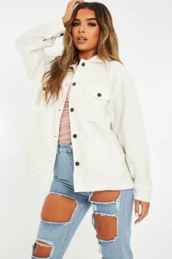 Rebellious Fashion White Pocket Oversized Brushed Shacket - Caley