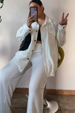 Rebellious Fashion White Pocket Oversized Brushed Shacket - Caley