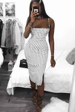 Rebellious Fashion White Polka Cowl Neck Lace Back Midi Dress - Gracia
