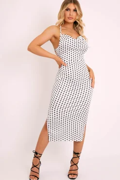 Rebellious Fashion White Polka Cowl Neck Lace Back Midi Dress - Gracia