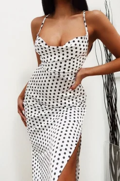Rebellious Fashion White Polka Cowl Neck Lace Back Midi Dress - Gracia