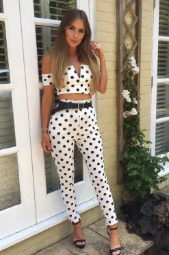Rebellious Fashion White Polka Dot Bardot and Trousers Co-ord Set - Jorgina