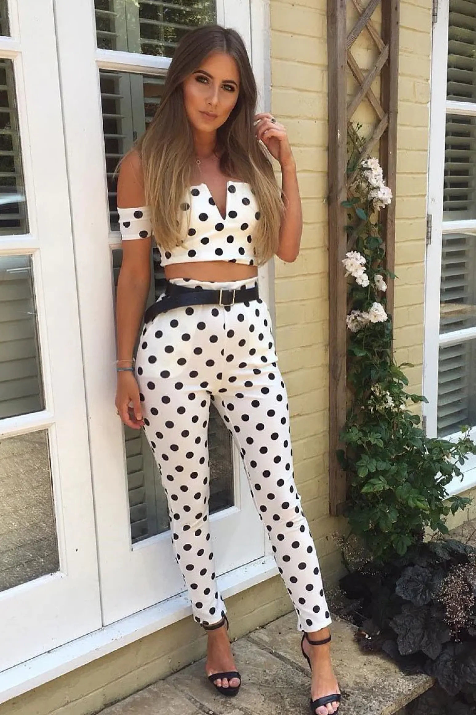 Rebellious Fashion White Polka Dot Bardot and Trousers Co-ord Set - Jorgina