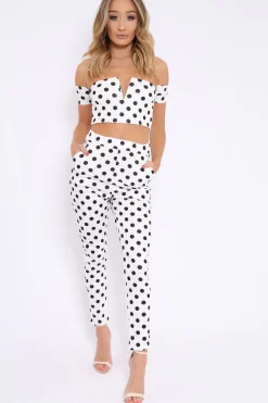Rebellious Fashion White Polka Dot Bardot and Trousers Co-ord Set - Jorgina