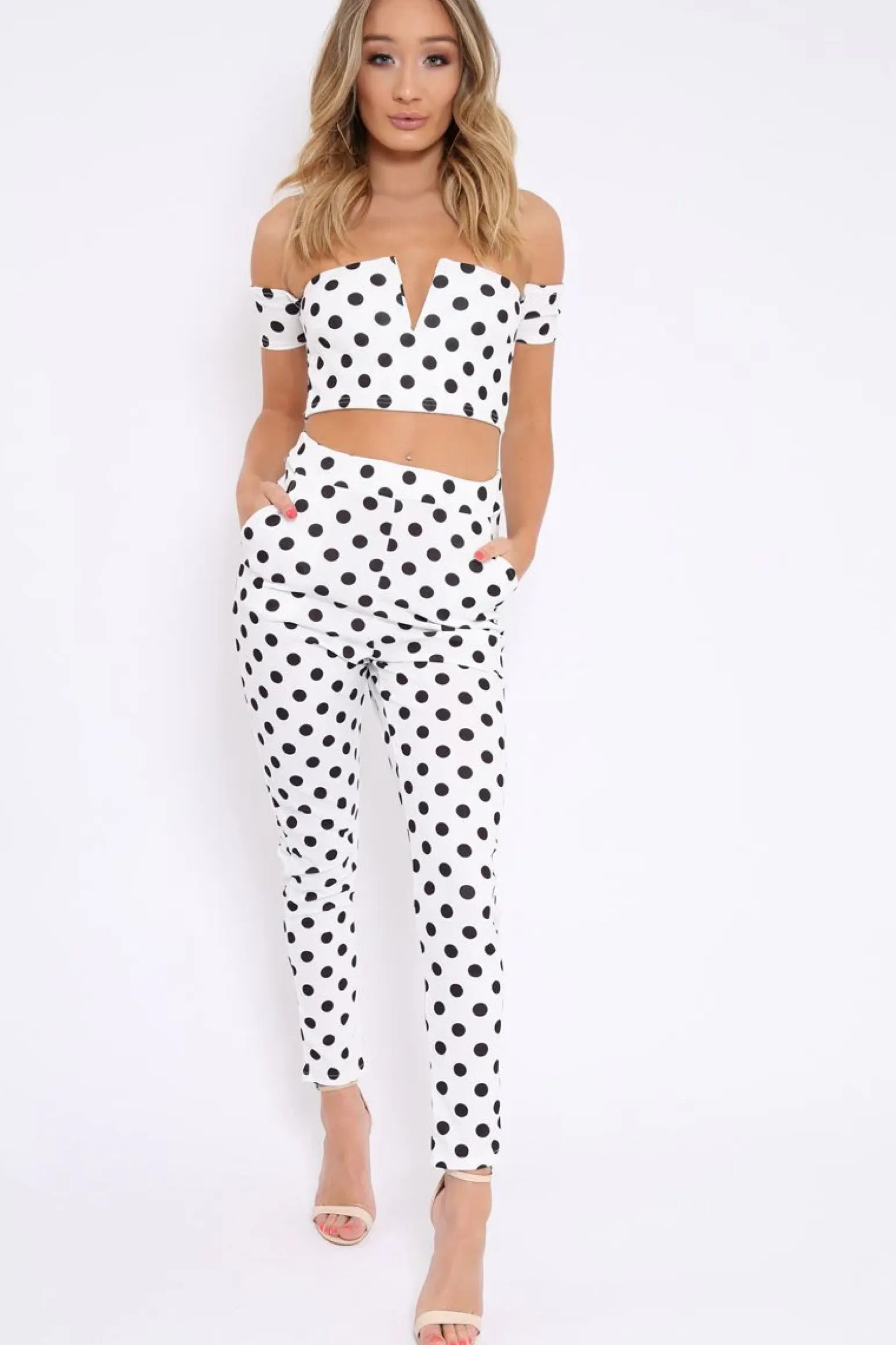 Rebellious Fashion White Polka Dot Bardot and Trousers Co-ord Set - Jorgina