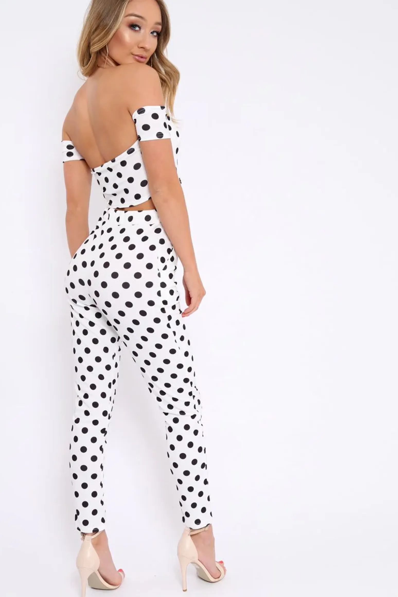 Rebellious Fashion White Polka Dot Bardot and Trousers Co-ord Set - Jorgina