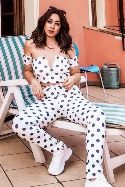 Rebellious Fashion White Polka Dot Bardot and Trousers Co-ord Set - Jorgina