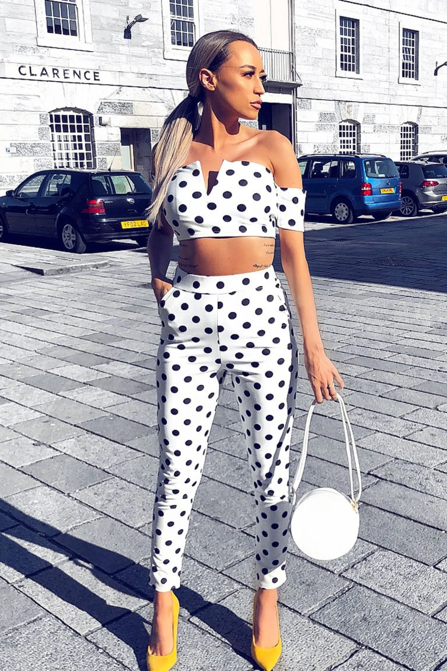 Rebellious Fashion White Polka Dot Bardot and Trousers Co-ord Set - Jorgina