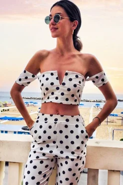 Rebellious Fashion White Polka Dot Bardot and Trousers Co-ord Set - Jorgina