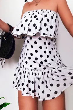 Rebellious Fashion White Polka Dot Bardot Frill Dress - Izadora