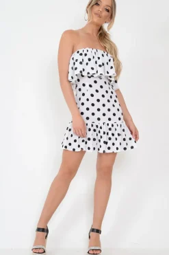 Rebellious Fashion White Polka Dot Bardot Frill Dress - Izadora