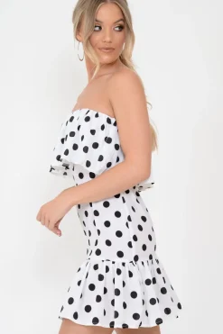 Rebellious Fashion White Polka Dot Bardot Frill Dress - Izadora