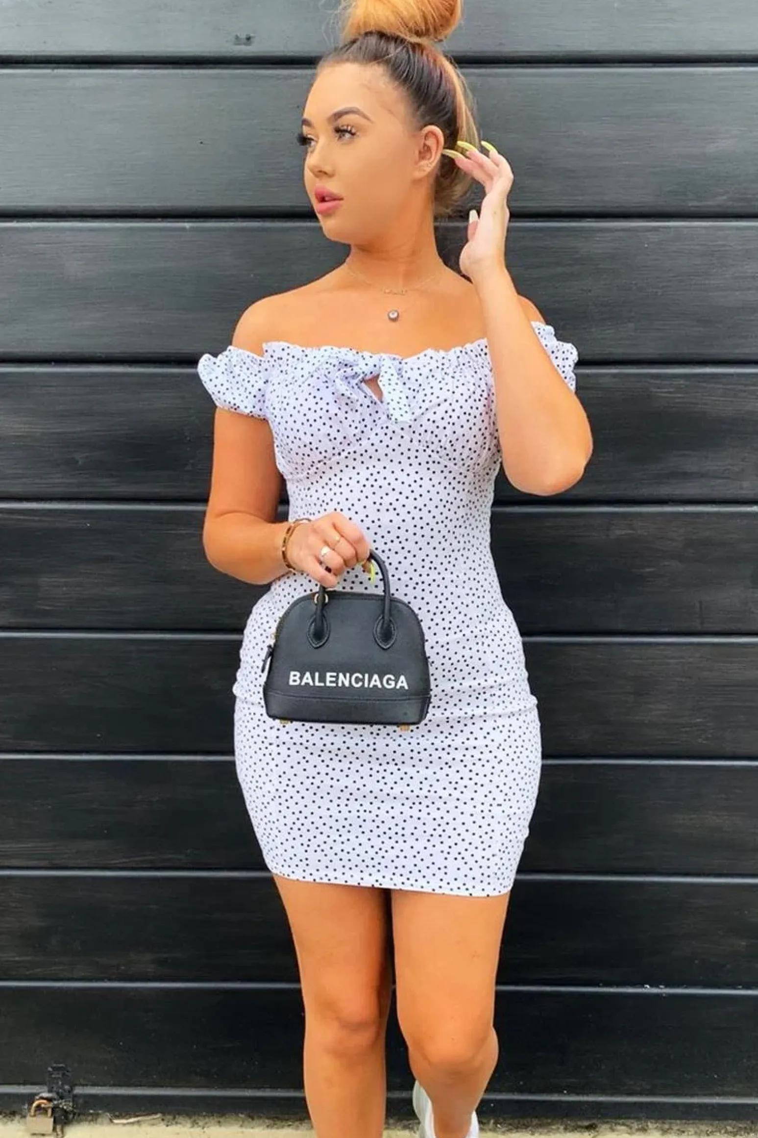 Rebellious Fashion White Polka Dot Bow Detail Milkmaid Mini Dress - Galena