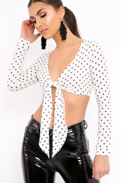 Rebellious Fashion White Polka Dot Crop Tie Top - Abeer