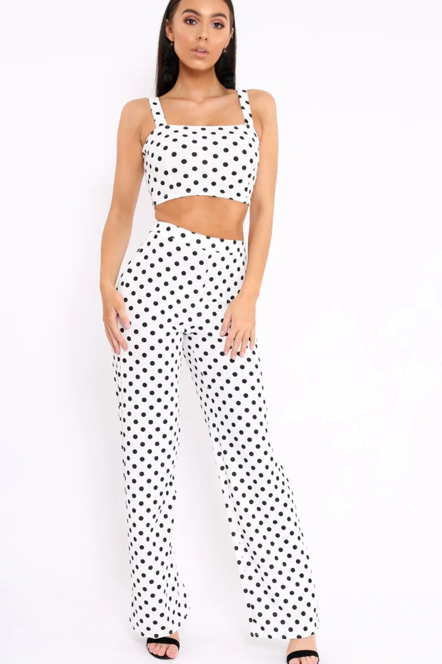 Rebellious Fashion White Polka Dot Crop Top and Trousers Co-ord Set - Kimmy