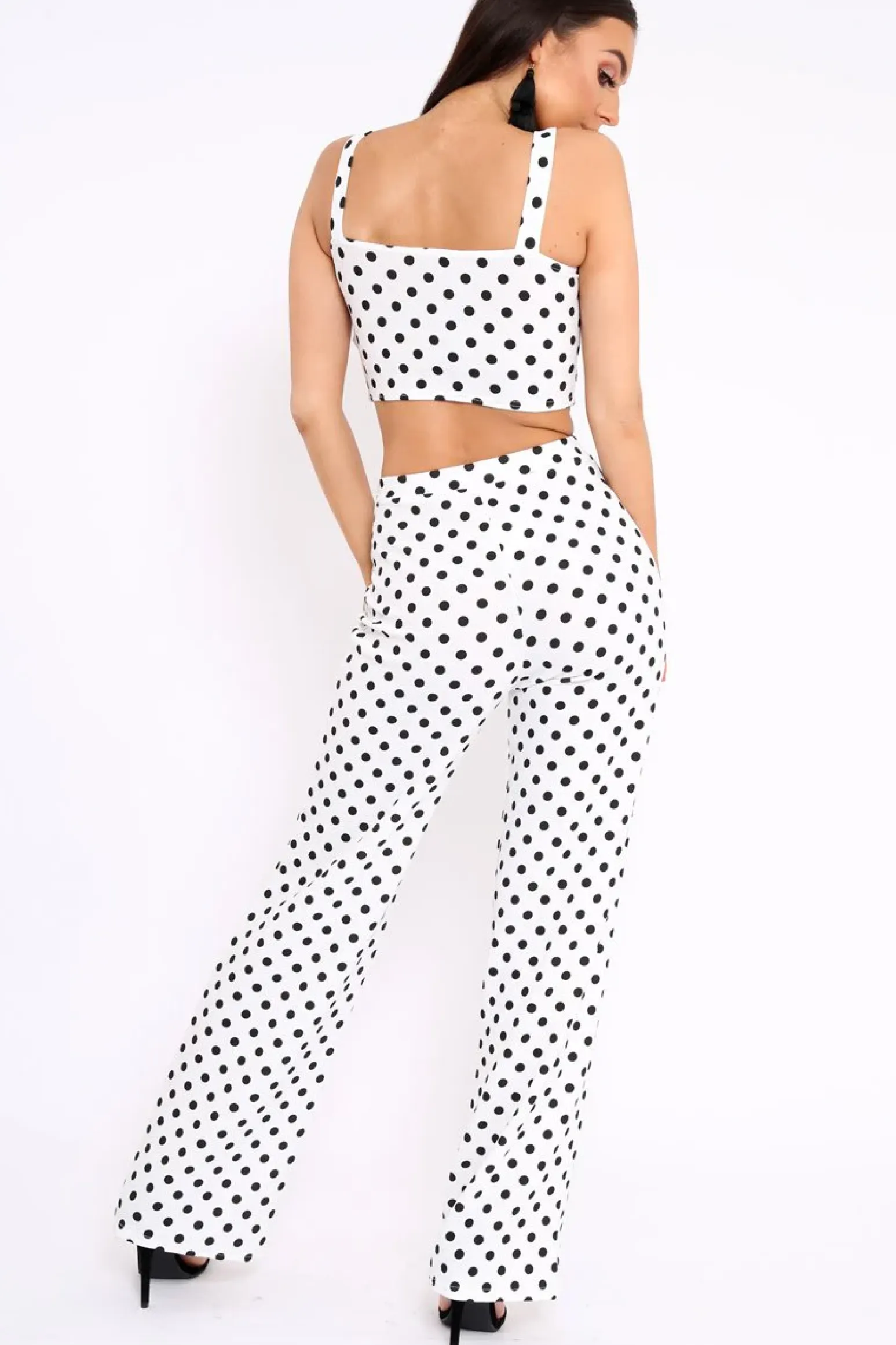 Rebellious Fashion White Polka Dot Crop Top and Trousers Co-ord Set - Kimmy