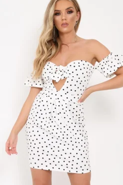 Rebellious Fashion White Polka Dot Cut Out Bow Bardot Dress - Fariah