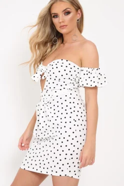 Rebellious Fashion White Polka Dot Cut Out Bow Bardot Dress - Fariah