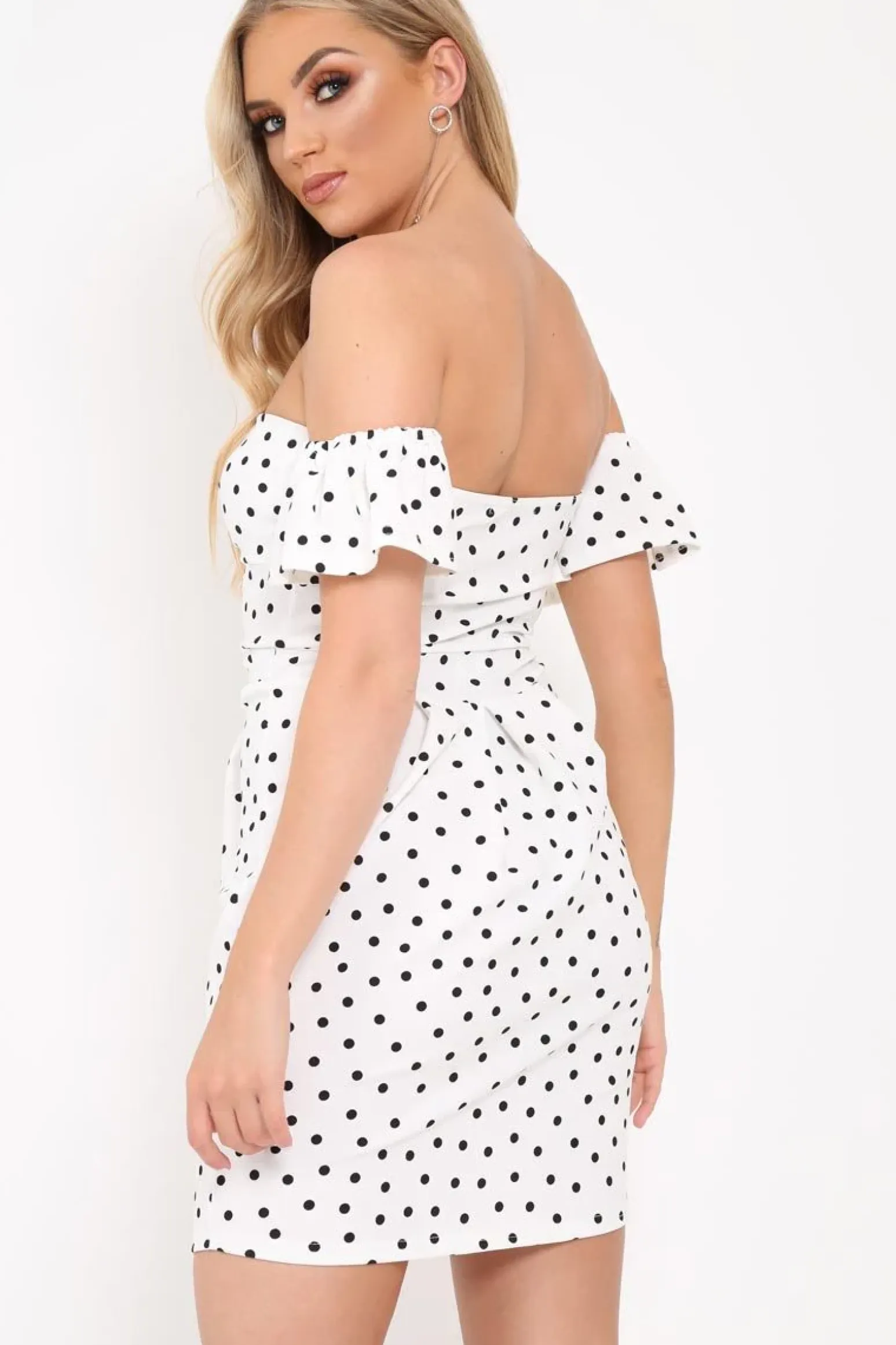 Rebellious Fashion White Polka Dot Cut Out Bow Bardot Dress - Fariah