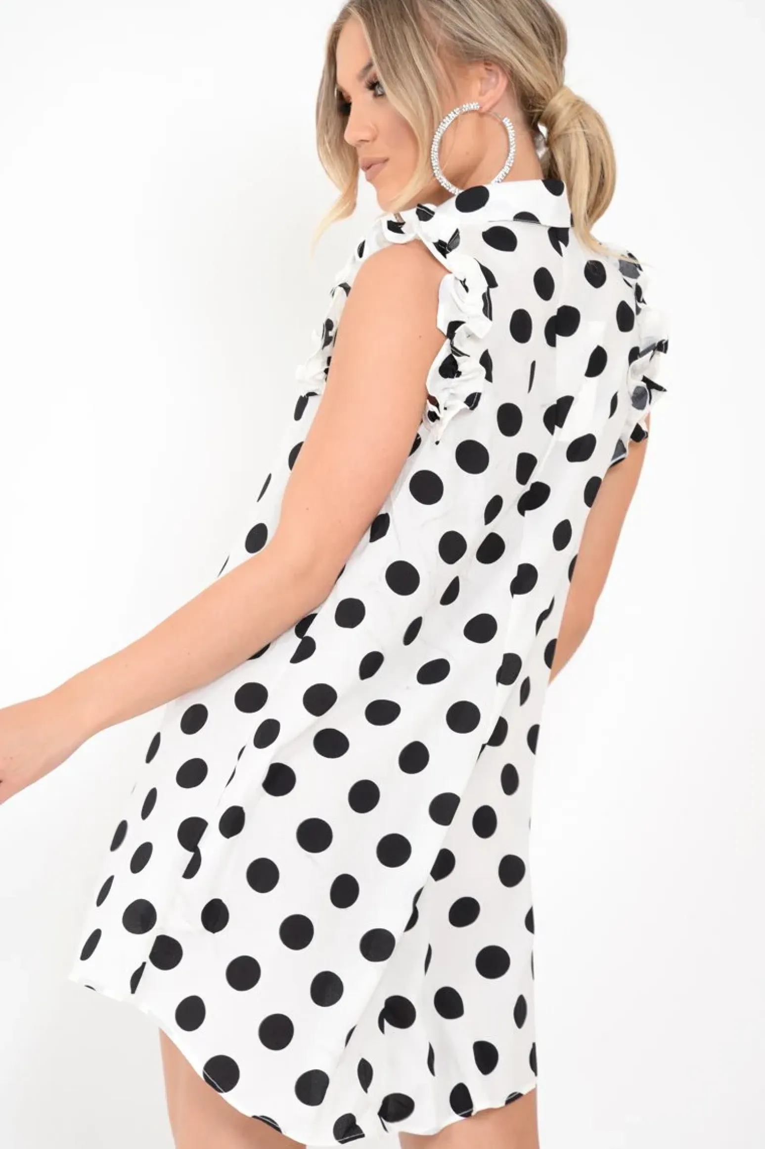 Rebellious Fashion White Polka Dot Frill Shirt Dress - Baylin
