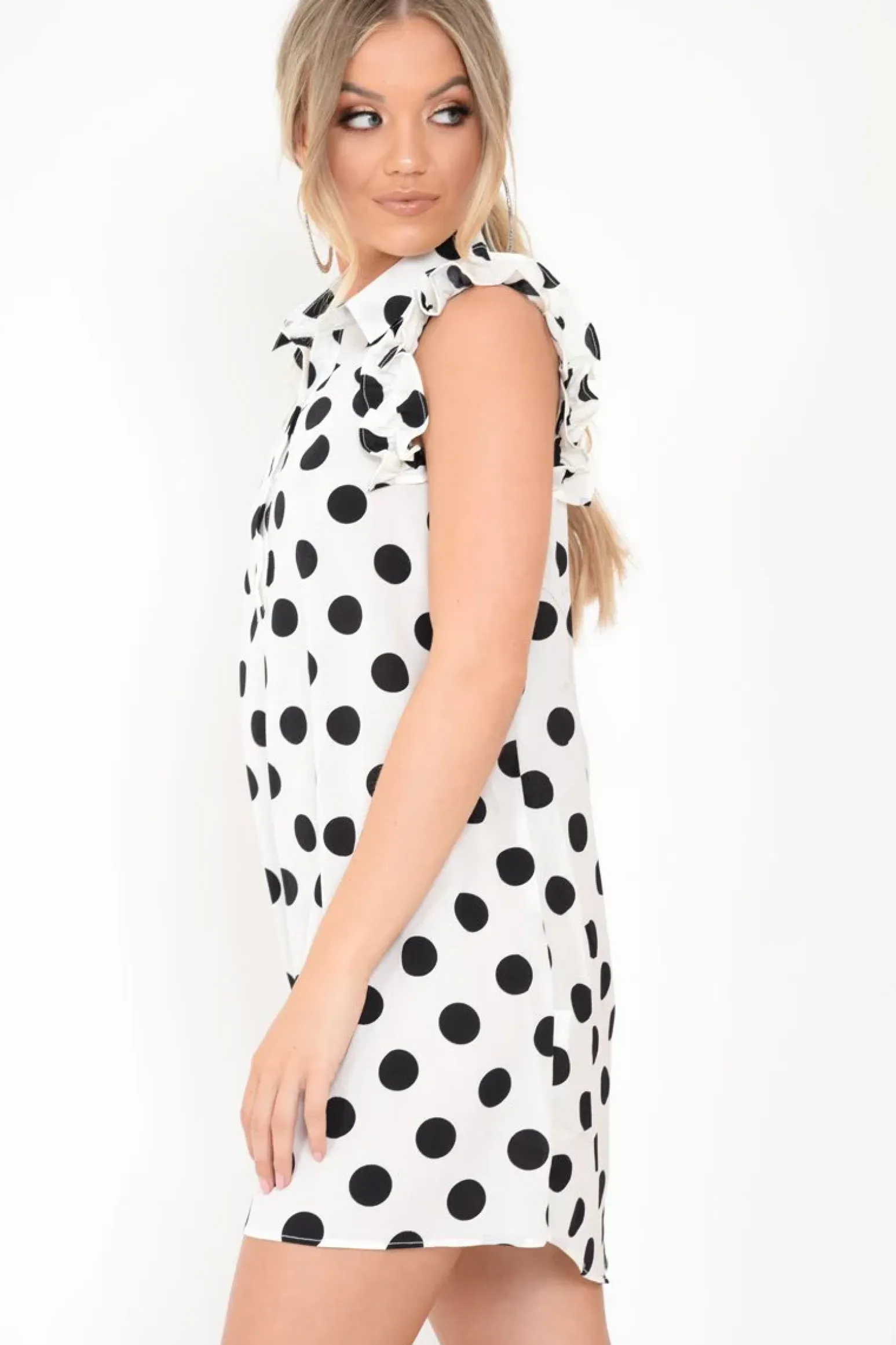 Rebellious Fashion White Polka Dot Frill Shirt Dress - Baylin