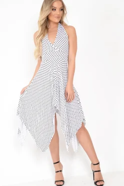 Rebellious Fashion White Polka Dot Halterneck Tiered Hem Dress - Cailie