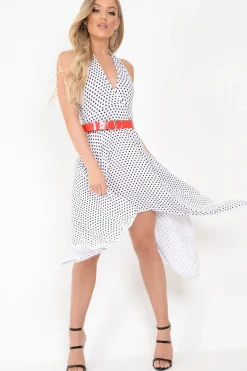 Rebellious Fashion White Polka Dot Halterneck Tiered Hem Dress - Cailie