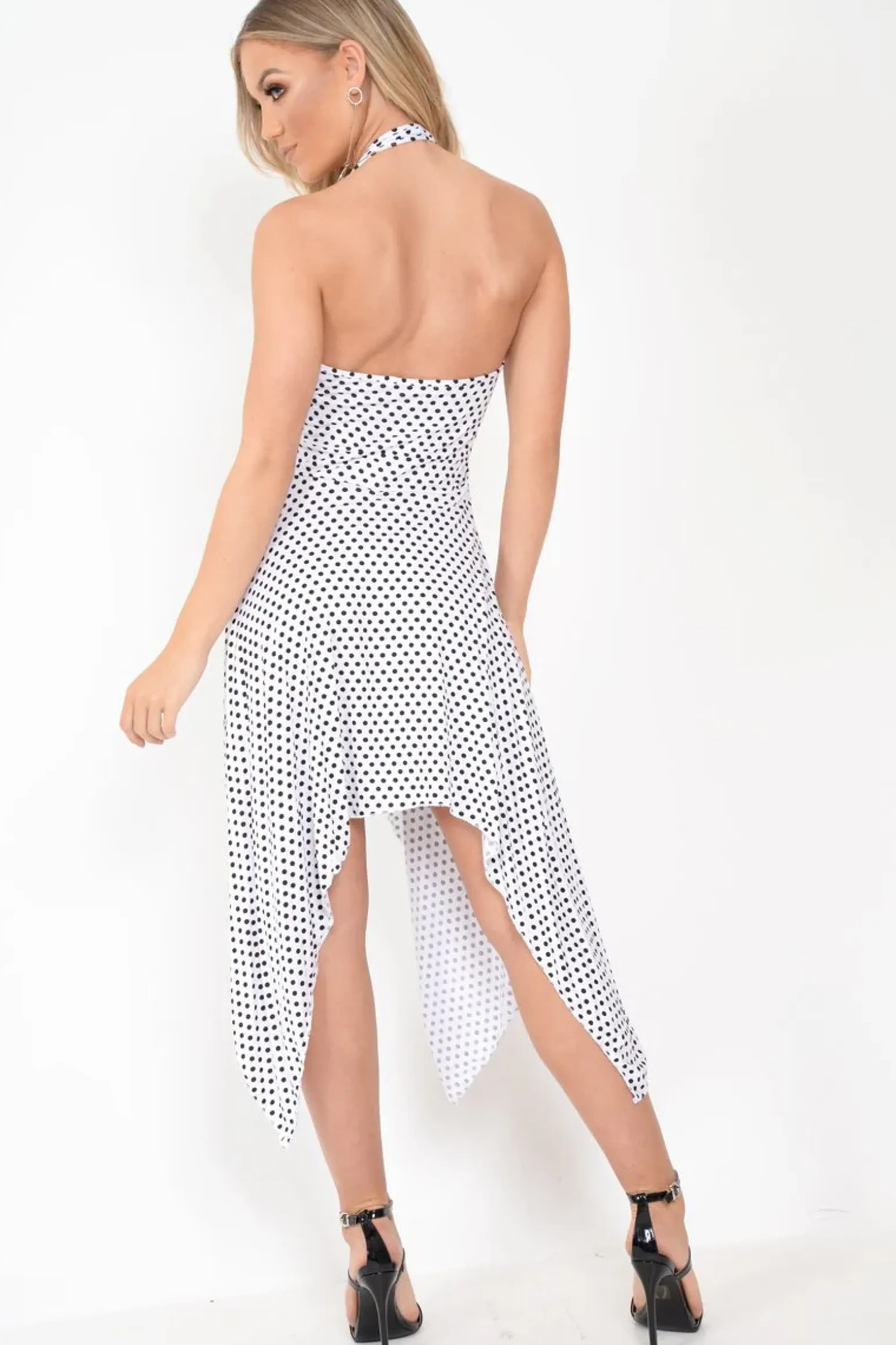 Rebellious Fashion White Polka Dot Halterneck Tiered Hem Dress - Cailie