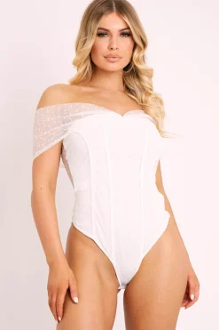 Rebellious Fashion White Polka Dot Mesh Bardot Bodysuit - Sallie