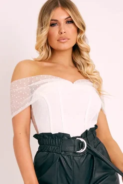 Rebellious Fashion White Polka Dot Mesh Bardot Bodysuit - Sallie