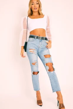Rebellious Fashion White Polka Dot Organza Sleeve Crop Top - Bianca