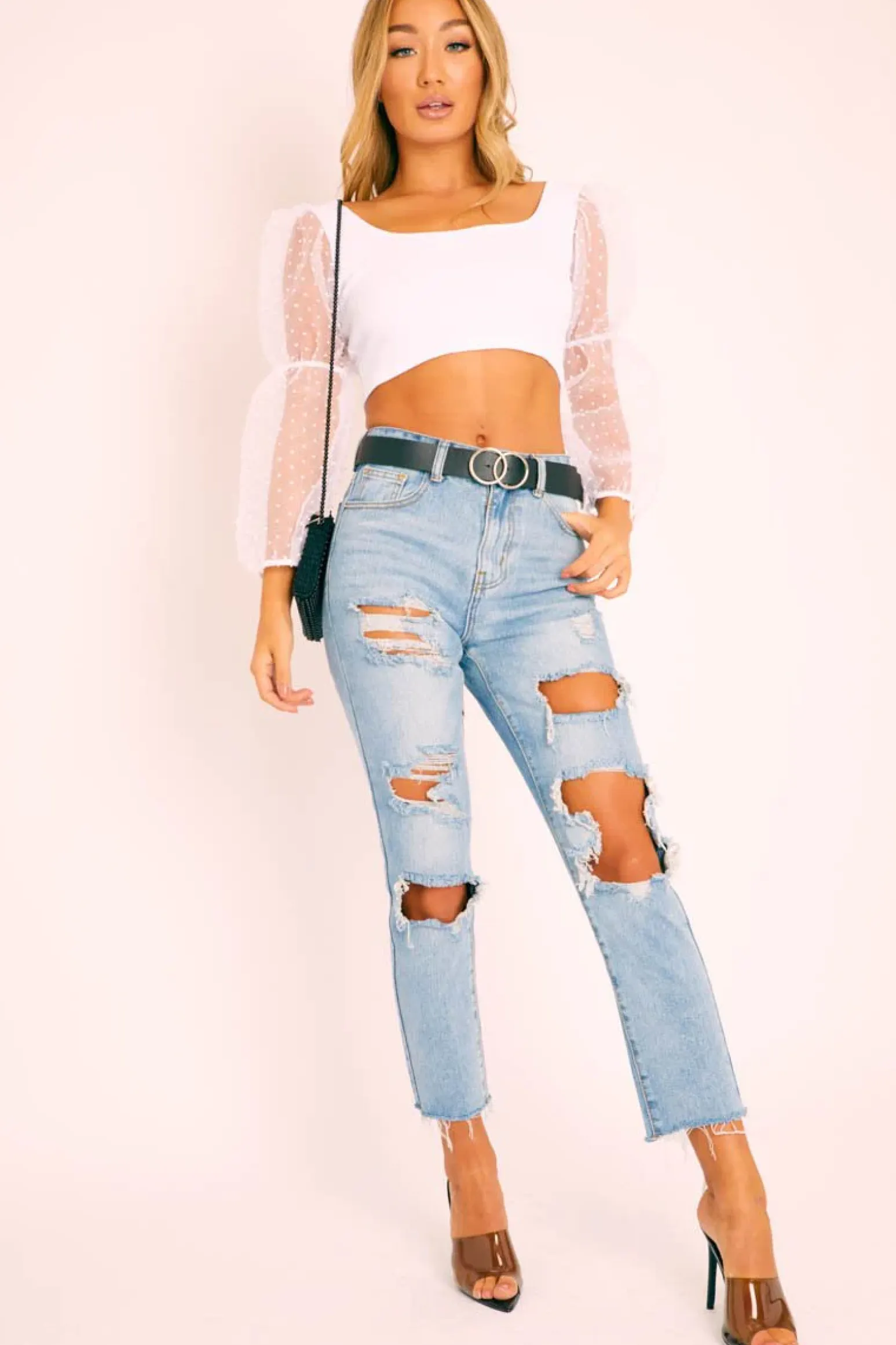 Rebellious Fashion White Polka Dot Organza Sleeve Crop Top - Bianca