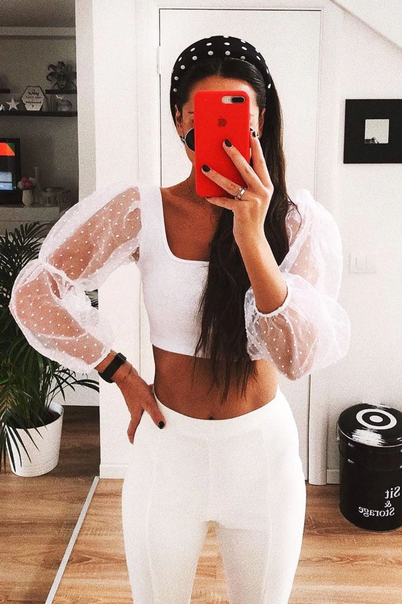 Rebellious Fashion White Polka Dot Organza Sleeve Crop Top - Bianca
