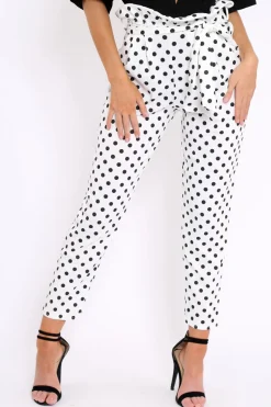 Rebellious Fashion White Polka Dot Paper Bag Tie Waist Cigarette Trousers - Karmen