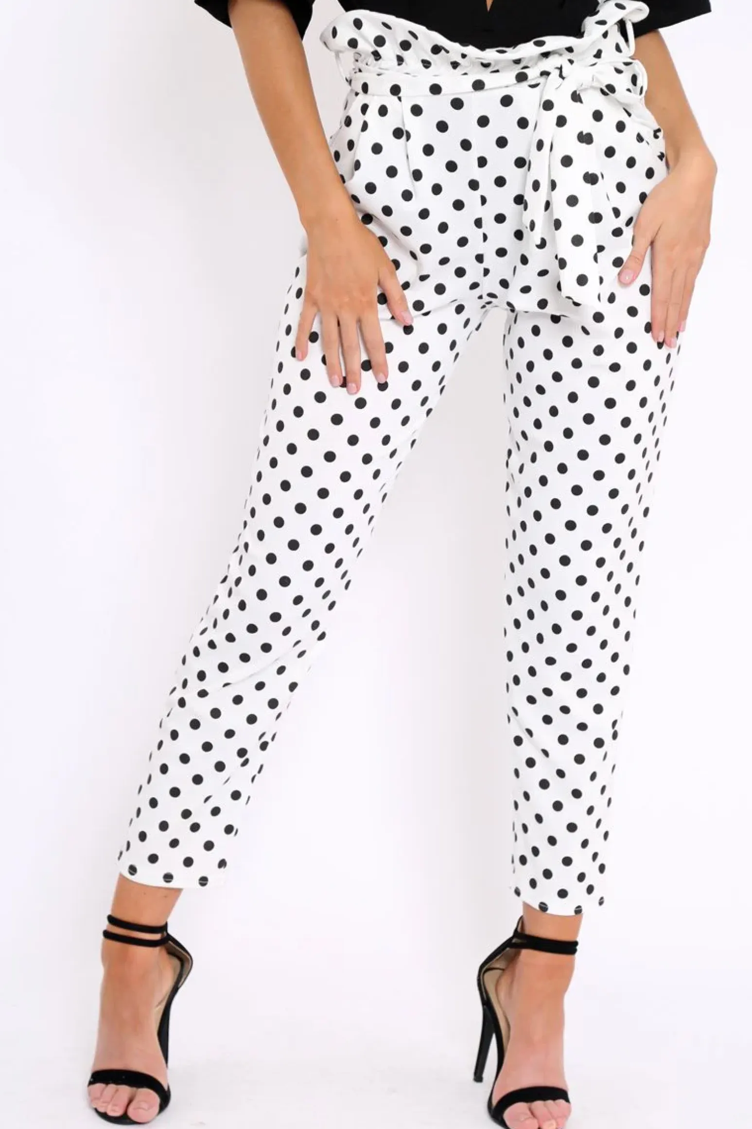 Rebellious Fashion White Polka Dot Paper Bag Tie Waist Cigarette Trousers - Karmen