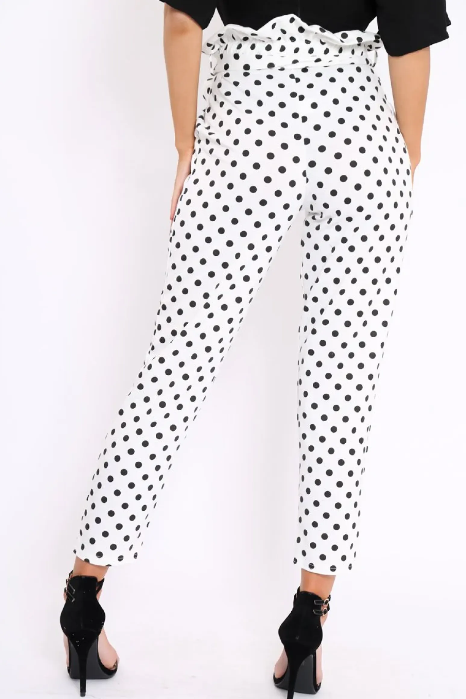 Rebellious Fashion White Polka Dot Paper Bag Tie Waist Cigarette Trousers - Karmen