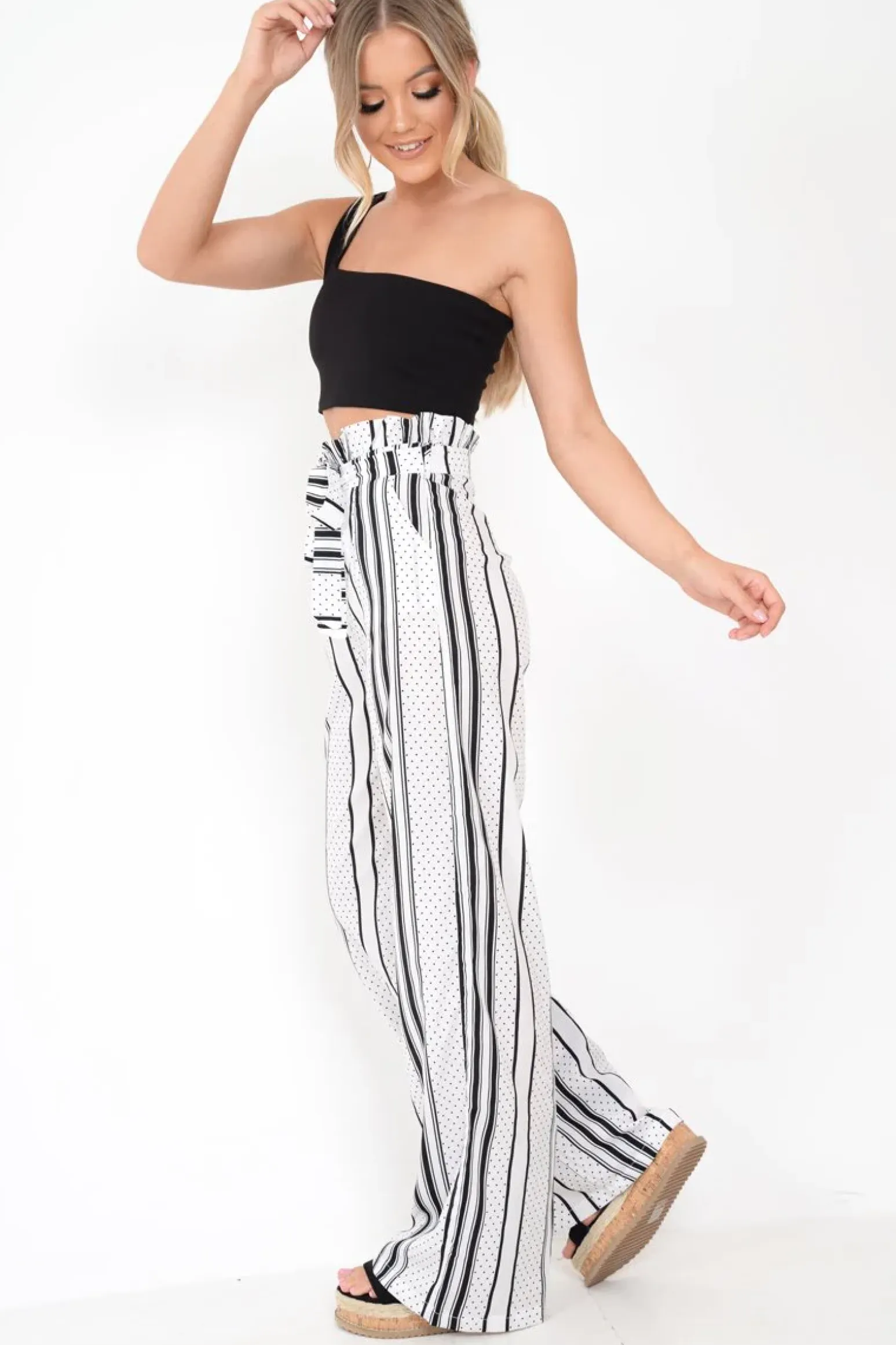 Rebellious Fashion White Polka Dot Paper Bag Wide Leg Trousers - Aadhya