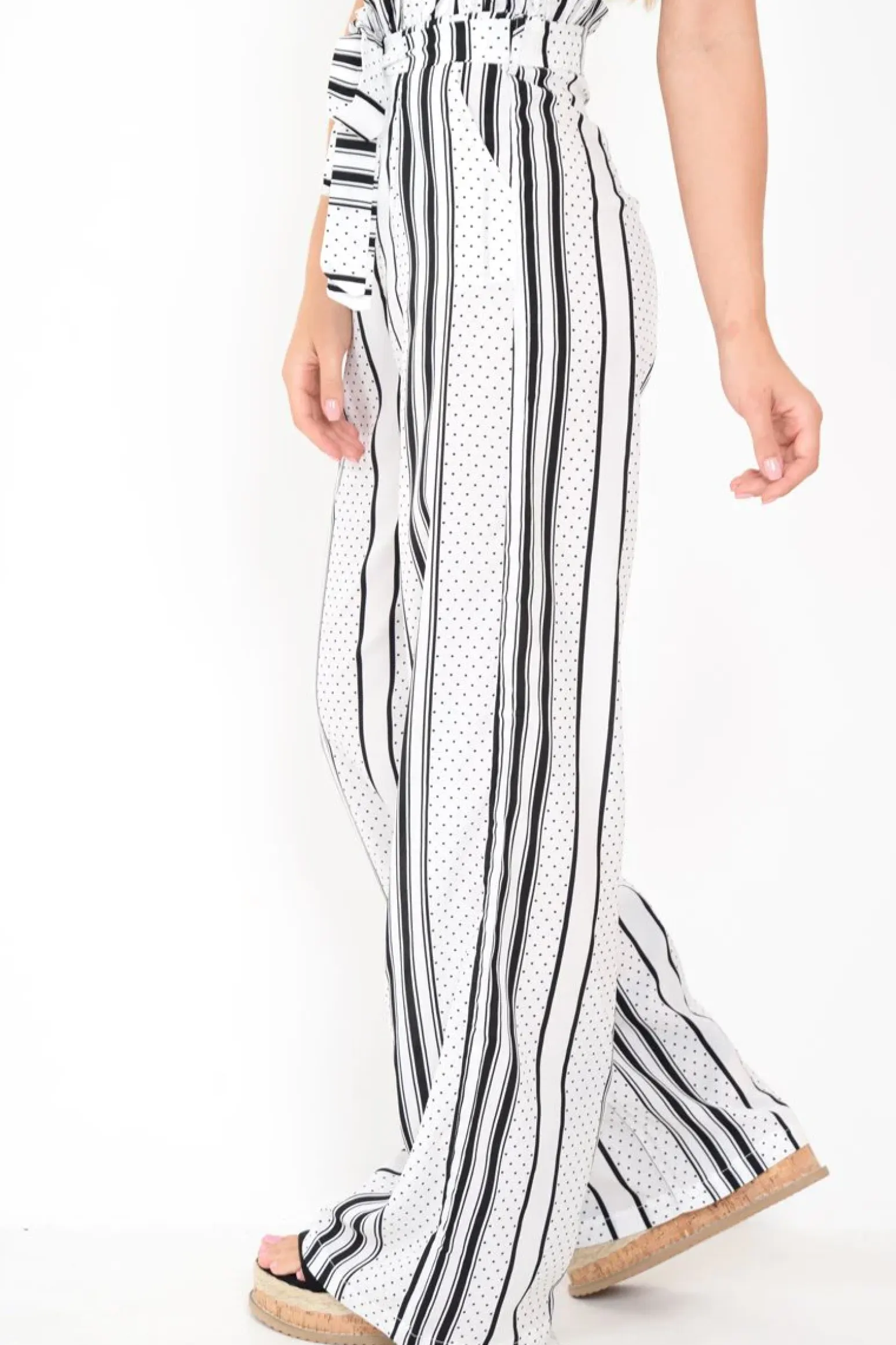 Rebellious Fashion White Polka Dot Paper Bag Wide Leg Trousers - Aadhya