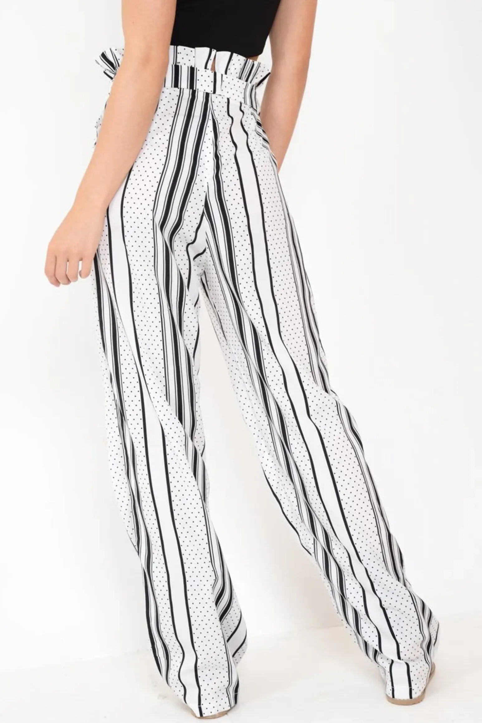 Rebellious Fashion White Polka Dot Paper Bag Wide Leg Trousers - Aadhya